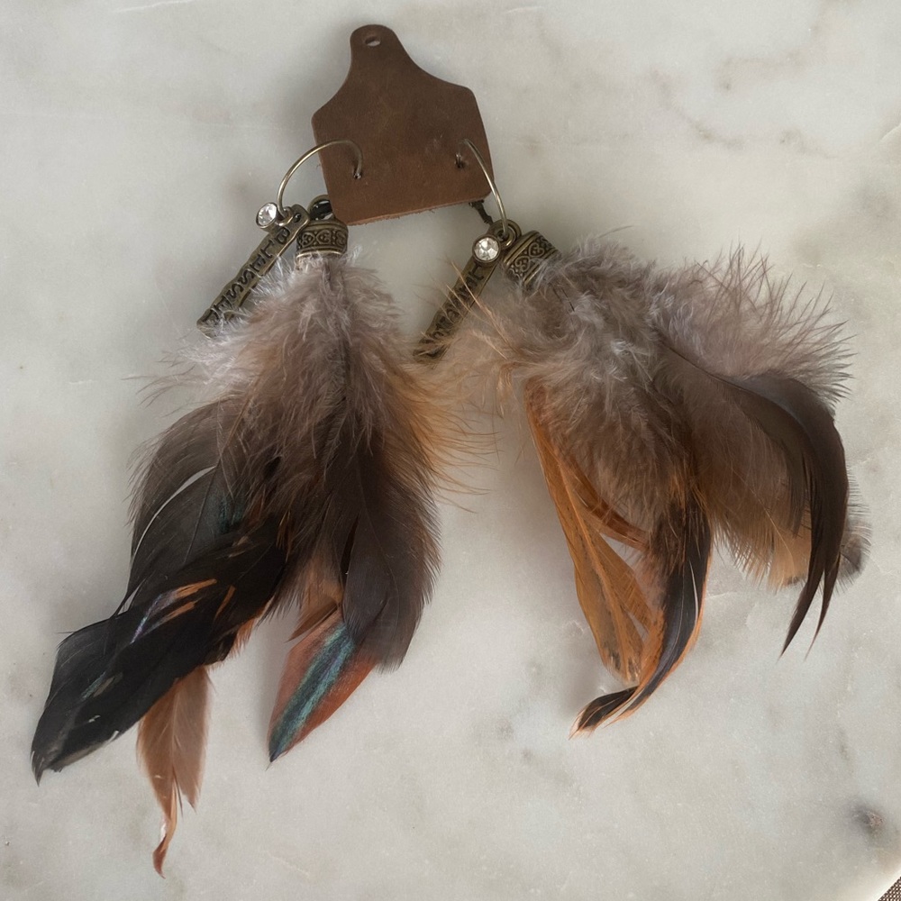 Sandra Ling Feather Earrings with Blessed Charm NEW